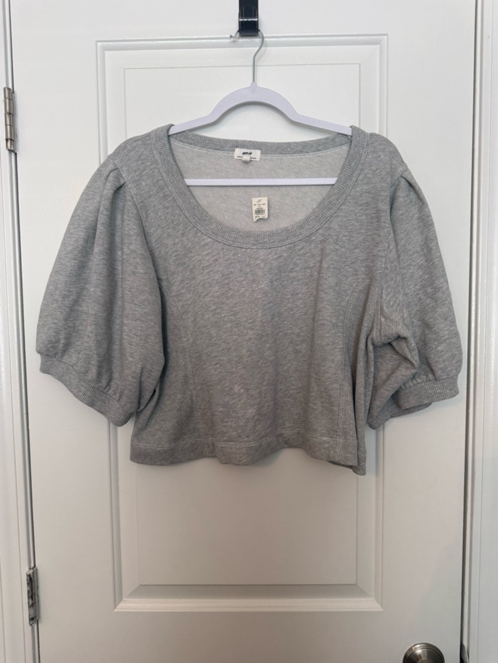 aerie Gray Puff-Sleeve Cropped Sweat Top